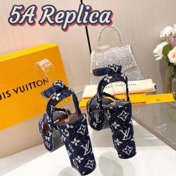 Replica Louis Vuitton Women LV Fame Platform Sandal Navy Monogram Denim Leather 11.5 CM Heel 6