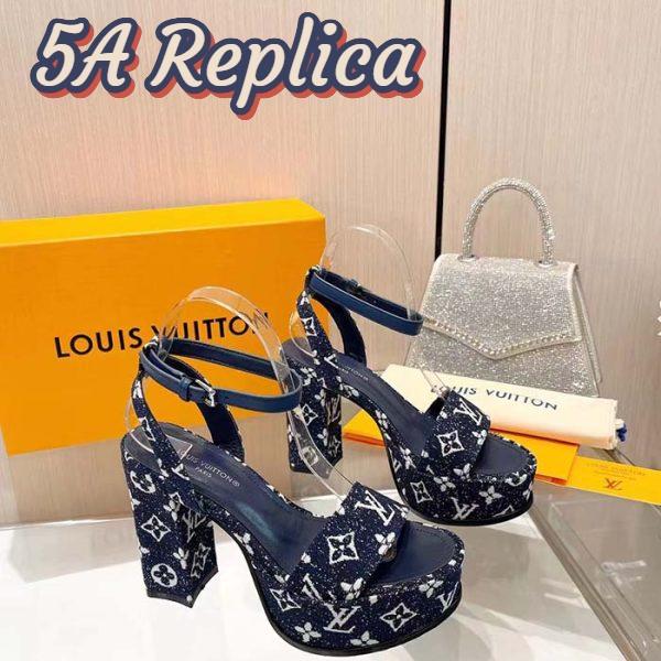 Replica Louis Vuitton Women LV Fame Platform Sandal Navy Monogram Denim Leather 11.5 CM Heel 7