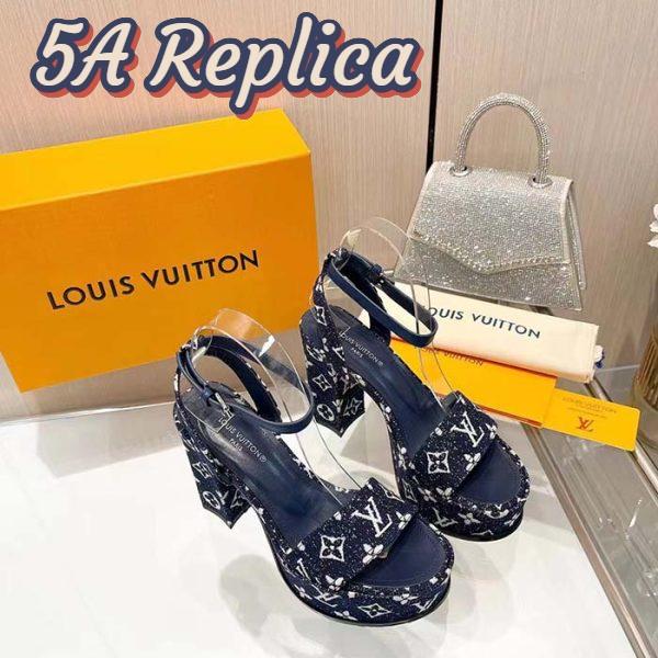 Replica Louis Vuitton Women LV Fame Platform Sandal Navy Monogram Denim Leather 11.5 CM Heel 8