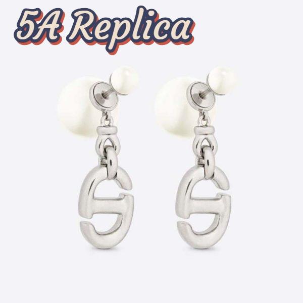 Replica Dior Women Tribales Earrings Silver-Finish Metal with White Resin Pearls