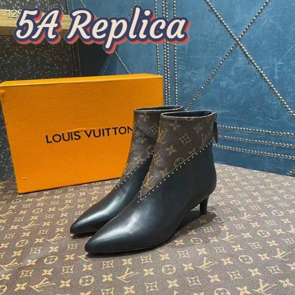 Replica Louis Vuitton Women LV Signature Ankle Boot Black Calf Leather Patent Monogram Canvas 8
