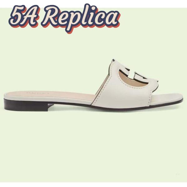 Replica Gucci Women Interlocking G Cut Out Slide Sandal White Leather Flat 2