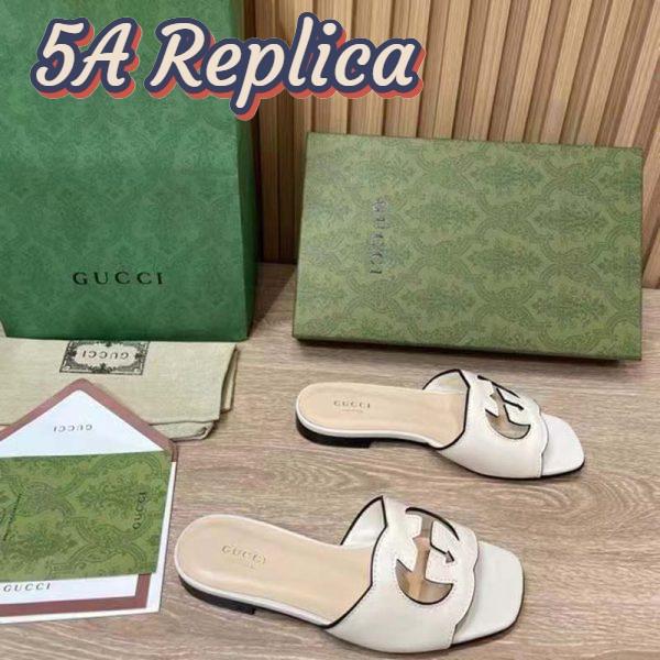 Replica Gucci Women Interlocking G Cut Out Slide Sandal White Leather Flat 3