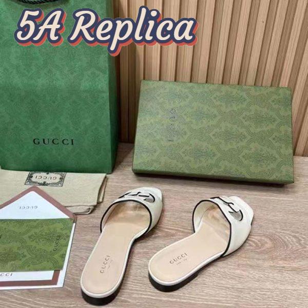 Replica Gucci Women Interlocking G Cut Out Slide Sandal White Leather Flat 4