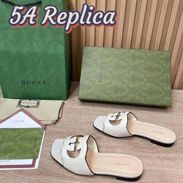 Replica Gucci Women Interlocking G Cut Out Slide Sandal White Leather Flat 5