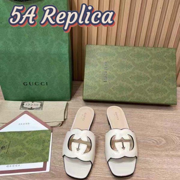 Replica Gucci Women Interlocking G Cut Out Slide Sandal White Leather Flat 6