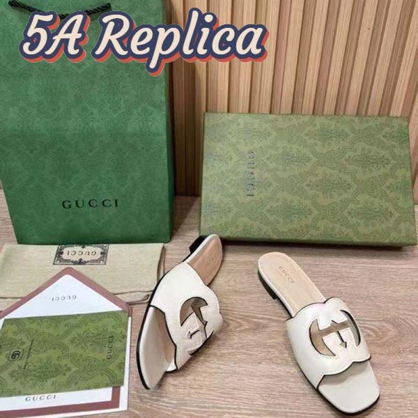Replica Gucci Women Interlocking G Cut Out Slide Sandal White Leather Flat 8