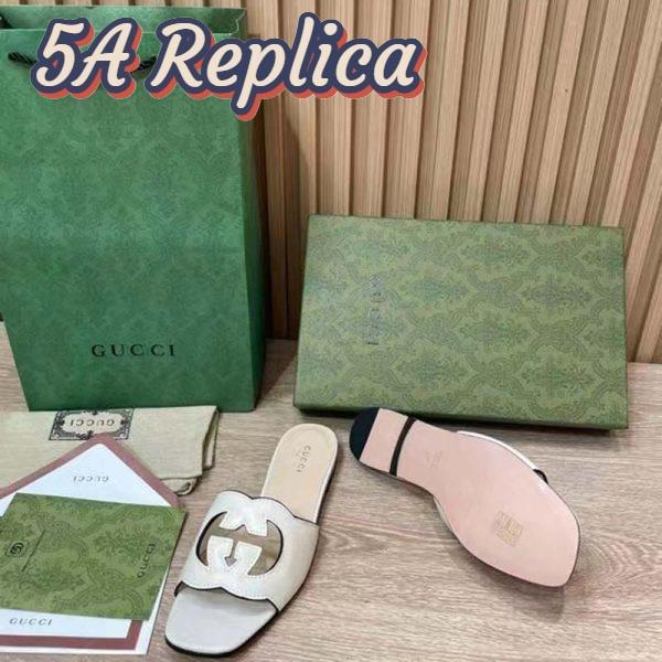 Replica Gucci Women Interlocking G Cut Out Slide Sandal White Leather Flat 9