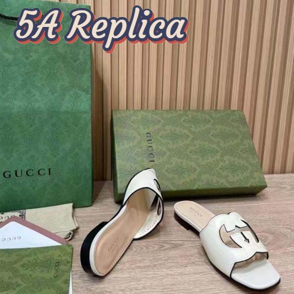 Replica Gucci Women Interlocking G Cut Out Slide Sandal White Leather Flat 11