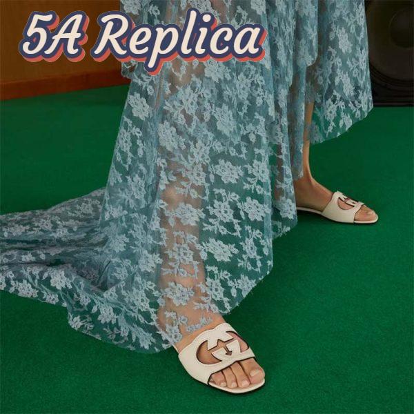 Replica Gucci Women Interlocking G Cut Out Slide Sandal White Leather Flat 12
