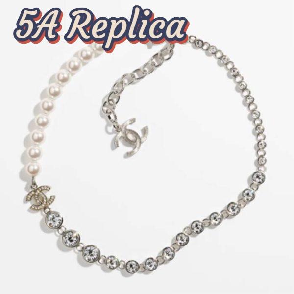 Replica Chanel Women CC Necklace Metal Glass Pearls Strass Silver Pearly White Crystal