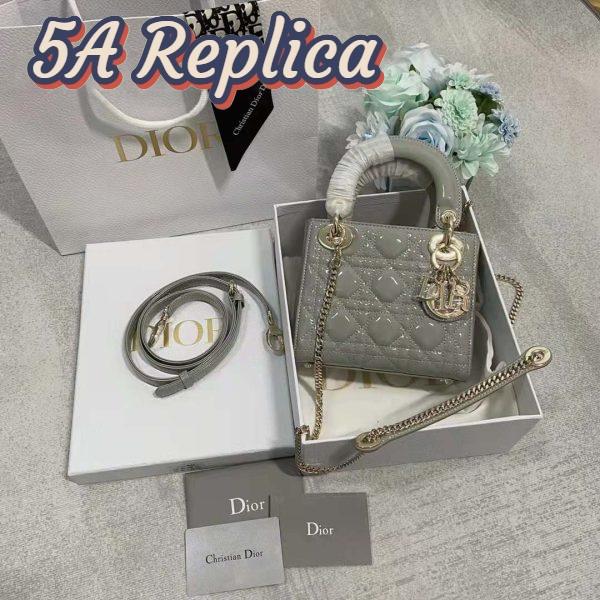 Replica Dior Women CD Mini Lady Dior Bag Gray Patent Cannage Calfskin 4