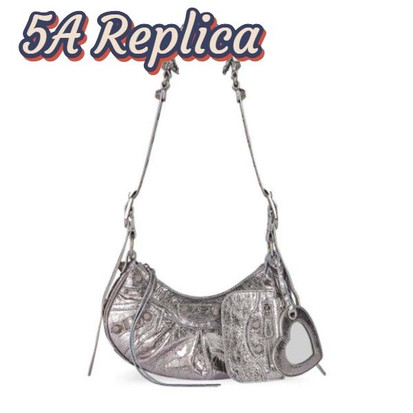 Replica Balenciaga Women BB Le Cagole XS Shoulder Bag Silver Metallized Arena Lambskin