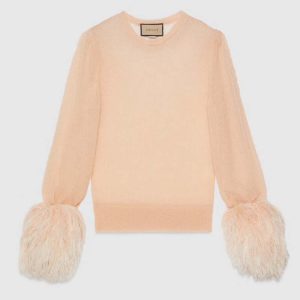 Replica Gucci GG Women Silk Mohair Sweater Feathers Beige Double G Embroidery Crewneck