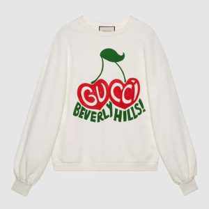 Replica Gucci Men Beverly Hills Cherry Print Sweatshirt Cotton Jersey Crewneck Puff Sleeves-White 2