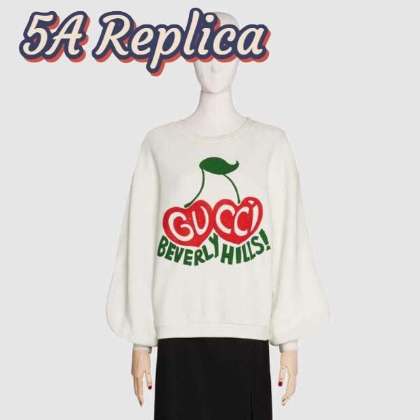 Replica Gucci Men Beverly Hills Cherry Print Sweatshirt Cotton Jersey Crewneck Puff Sleeves-White 5