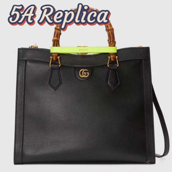 Replica Gucci Women Gucci Diana Medium Tote Bag Double G Black Leather Bamboo Handles