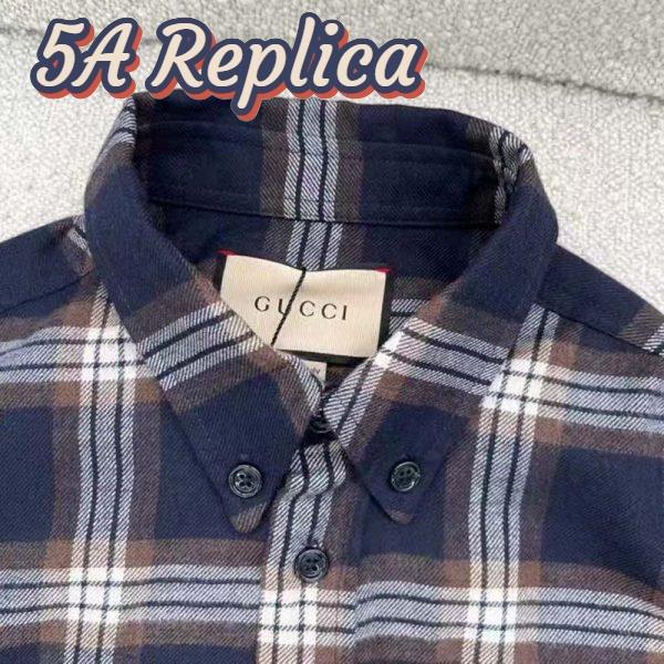Replica Gucci Men Check Wool Shirt Blue Yellow Check Leather Interlocking G Tag 8
