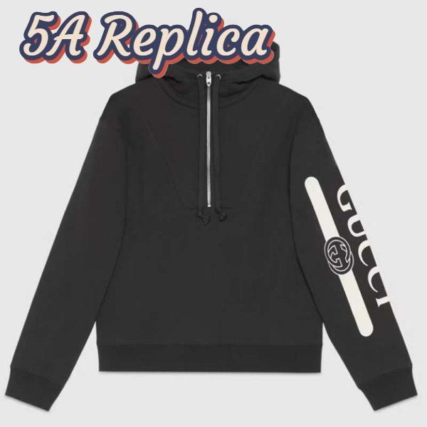 Replica Gucci Men Logo Print Hooded Sweatshirt Black Heavy Felted Organic Cotton Jersey