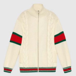 Replica Gucci Men GG Cable Knit Bomber Jacket Off-White Cable Knit Wool