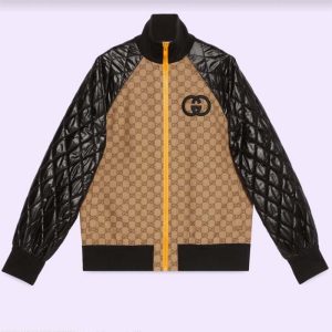 Replica Gucci Men GG Canvas Nylon Zip Jacket Beige Ebony Black Quilted High Neck