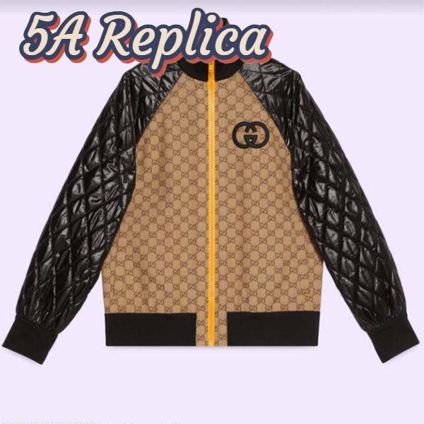 Replica Gucci Men GG Canvas Nylon Zip Jacket Beige Ebony Black Quilted High Neck