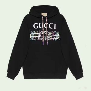 Replica Gucci Men GG Cotton Jersey Sweatshirt Black Felted Long Sleeves Kangaroo Front Pocket 2