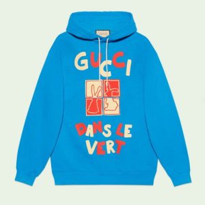 Replica Gucci Men GG Cotton Jersey Sweatshirt Turquoise Felted Cotton Jersey Long Sleeves