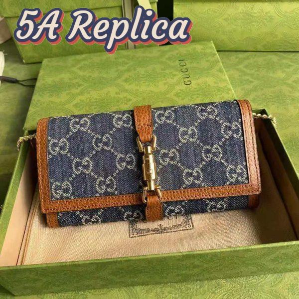 Replica Gucci GG Unisex Jackie 1961 Chain Wallet Dark Blue Ivory Eco Washed Organic GG Jacquard Denim 3