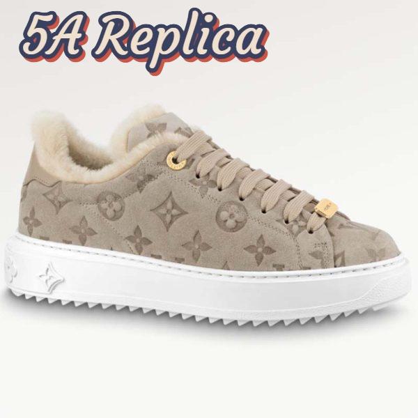 Replica Louis Vuitton Women LV Time Out Sneaker Monogram Embossed Suede Calf Leather Shearling 2