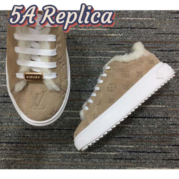 Replica Louis Vuitton Women LV Time Out Sneaker Monogram Embossed Suede Calf Leather Shearling 9