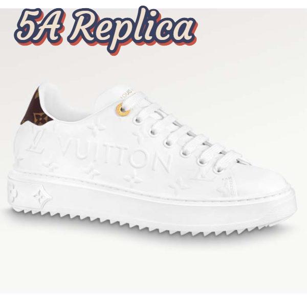 Replica Louis Vuitton Women LV Time Out Sneaker White Debossed Calf Leather Recycled Monogram Nylon