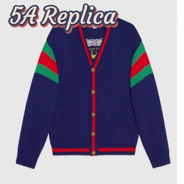 Replica Gucci GG Men Gucci 100 Wool Cardigan Blue Wool Green Red V-Neck
