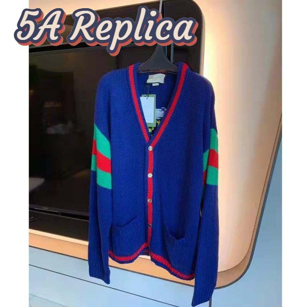 Replica Gucci GG Men Gucci 100 Wool Cardigan Blue Wool Green Red V-Neck 5