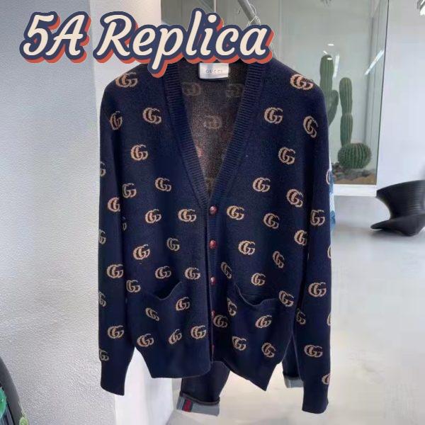 Replica Gucci Men GG Knit Cashmere Jacquard Cardigan Blue Beige Long Sleeves V-Neck 3