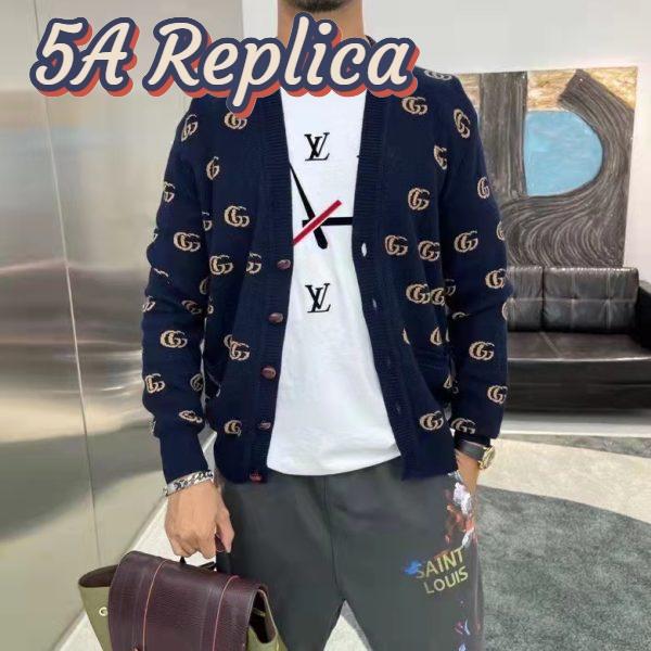 Replica Gucci Men GG Knit Cashmere Jacquard Cardigan Blue Beige Long Sleeves V-Neck 9