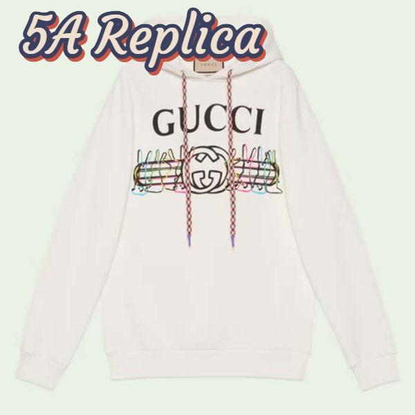 Replica Gucci Men GG Logo Bunny Print Hooded Cotton Sweatshirt Off White Cotton Jersey
