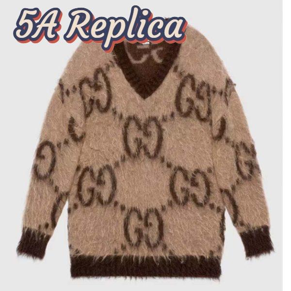Replica Gucci Men GG Mohair Wool V-Neck Sweater Beige Brown