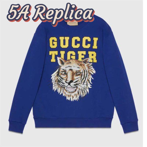 Replica Gucci Men GG Tiger Cotton Sweatshirt Blue Felted Jersey Crewneck 2