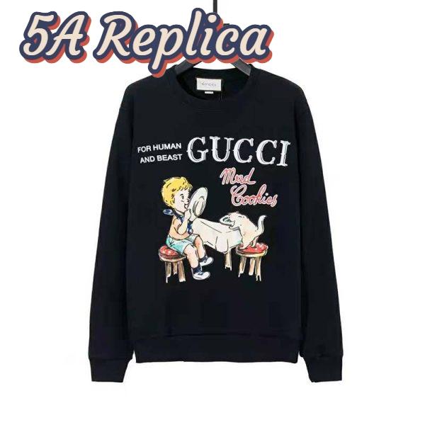 Replica Gucci Men Gucci ‘Mad Cookies’ Print Sweatshirt Cotton Crewneck Slim Fit-Black