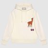 Replica Gucci Men Hooded Sweatshirt with Deer Patch in 100% Cotton-White