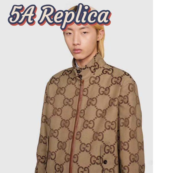 Replica Gucci Men Jumbo GG Canvas Jacket Beige Ebony Jumbo Cotton Wool Leather 14