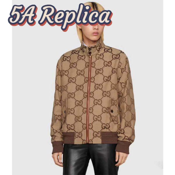 Replica Gucci Men Jumbo GG Canvas Jacket Beige Ebony Jumbo Cotton Wool Leather 15