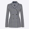 Replica Dior Women Double-Breasted Button Jacket Blue White Check Wool Twill