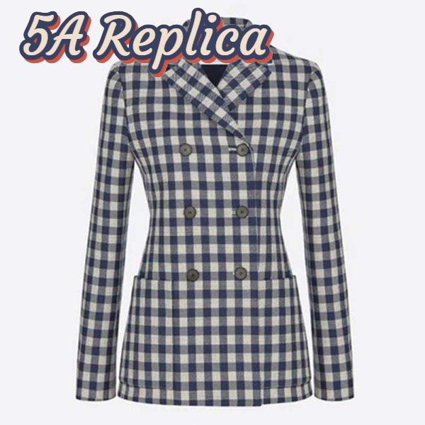 Replica Dior Women Double-Breasted Button Jacket Blue White Check Wool Twill