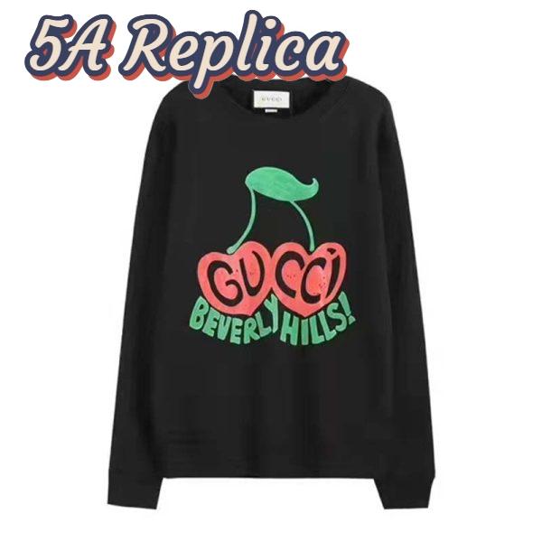 Replica Gucci Women Beverly Hills Cherry Print Sweatshirt Cotton Jersey Crewneck Puff Sleeves-Black