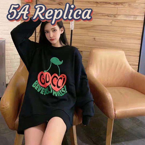 Replica Gucci Women Beverly Hills Cherry Print Sweatshirt Cotton Jersey Crewneck Puff Sleeves-Black 9
