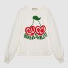 Replica Gucci Women Beverly Hills Cherry Print Sweatshirt Cotton Jersey Crewneck Puff Sleeves-White