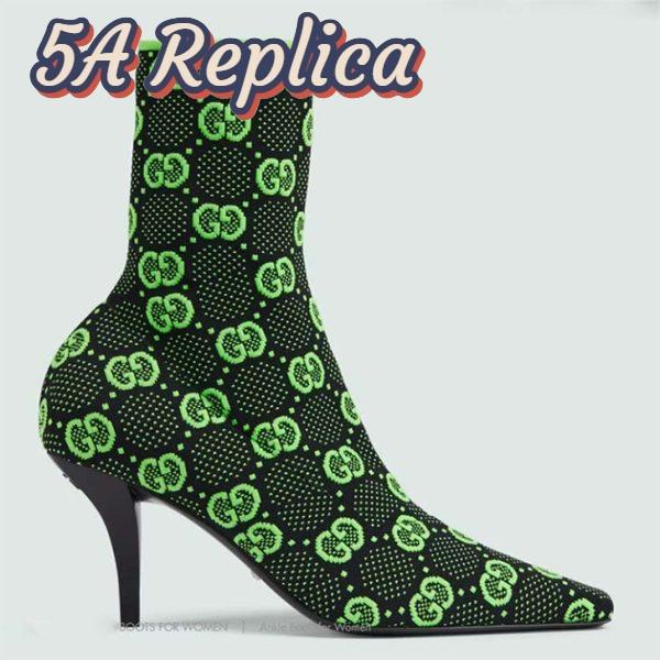 Replica Gucci Women GG Knit Ankle Boots Black Green GG Technical Fabric Leather Mid-Heel