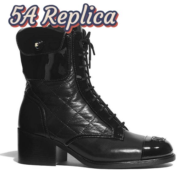 Replica Chanel Women Patent Calfskin & Crumpled Calfskin Ankle Boots-Black